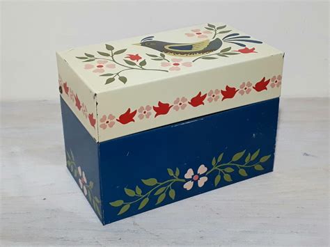 Vintage Ohio Art Tin Metal Recipe Box Retro Blue Pink Bird